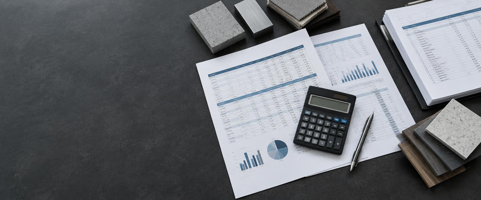 Supplier cost documents, a calculator and material samples, illustrating cost reduction
